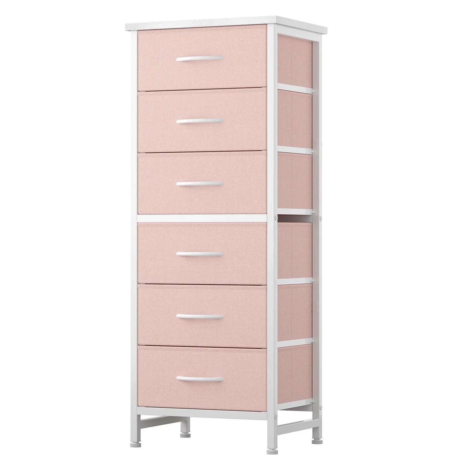 Tall Narrow 6 Drawer Fabric Dresser with Wood Top and Metal Frame-Ivory / United States