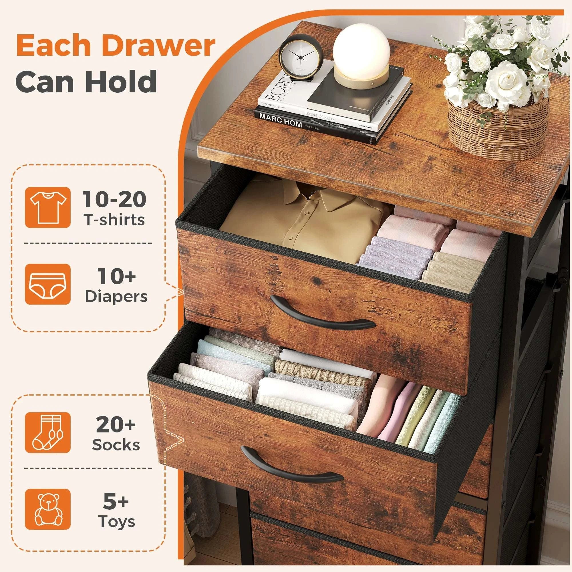 Tall Narrow 6 Drawer Fabric Dresser with Wood Top and Metal Frame-Ivory / United States