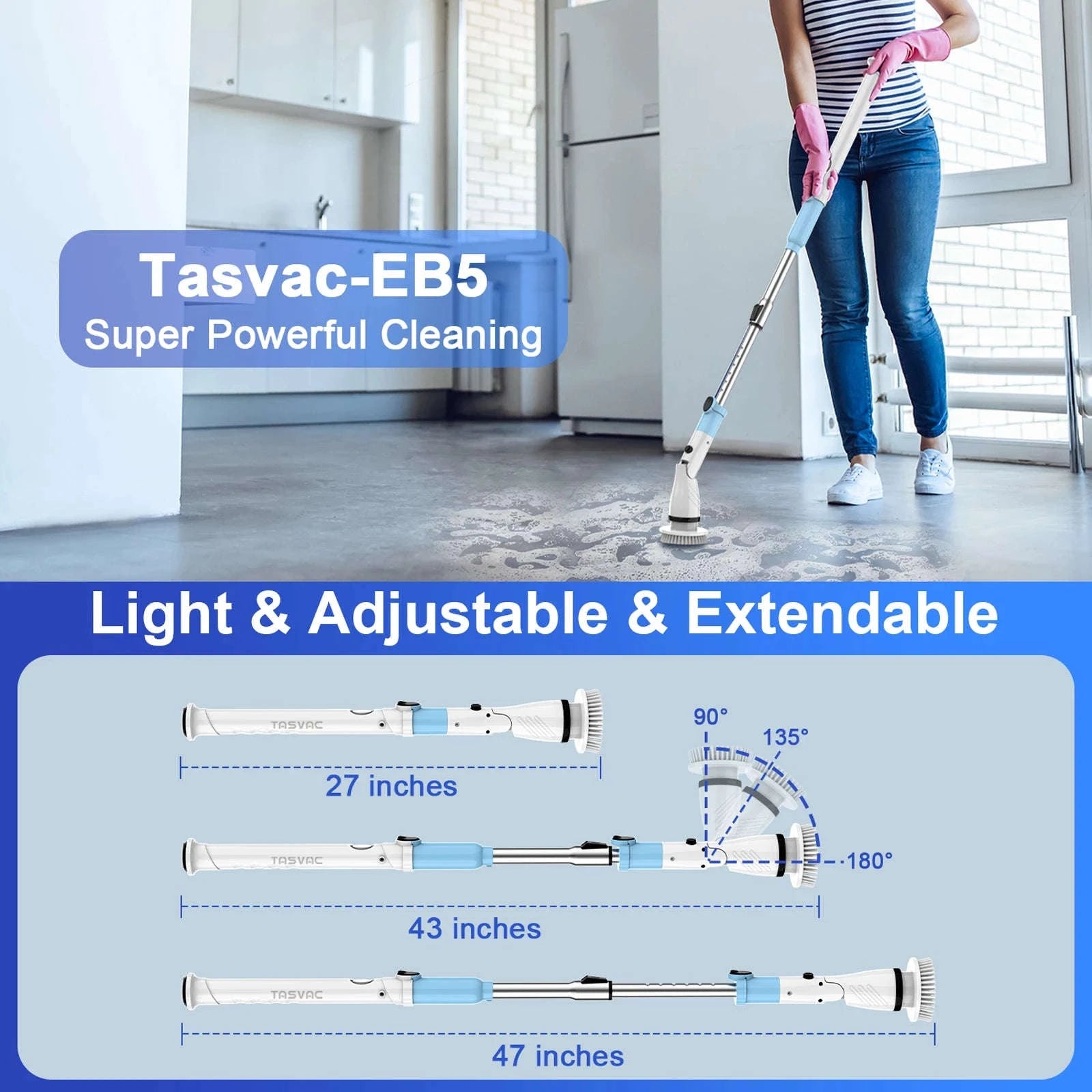 TASVAC EB5 Cordless Rotary Scrubber 450RPM with 5 Brush Heads-WHITE / EU / france