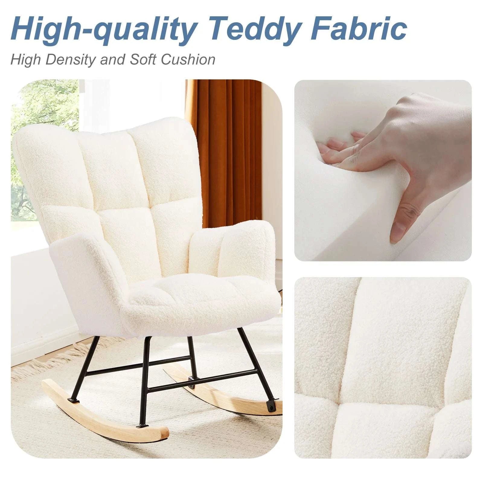 Teddy Fabric Glider Rocking Chair with High Back & Padded Seat-Pink / United States