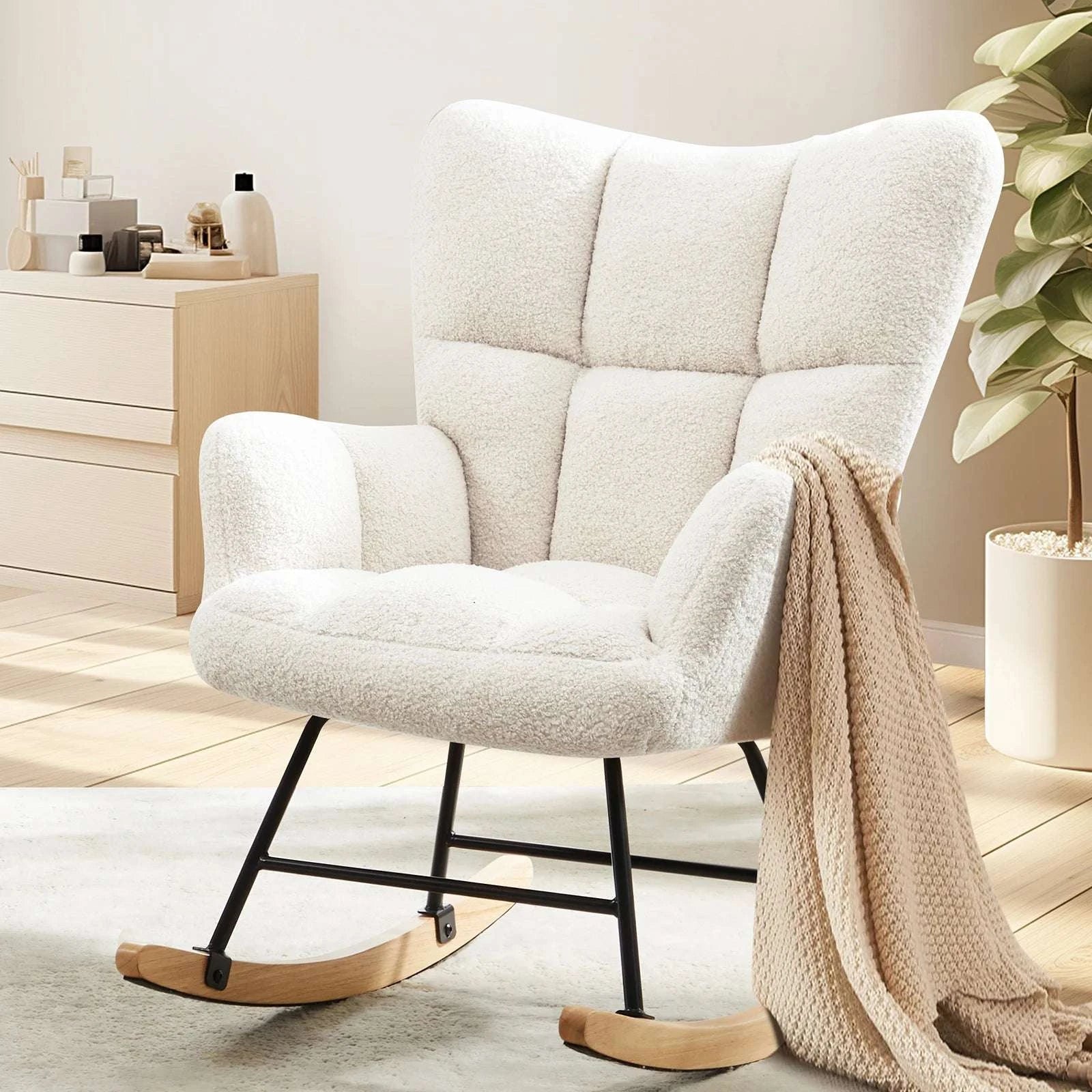 Teddy Fabric Glider Rocking Chair with High Back & Padded Seat-Pink / United States