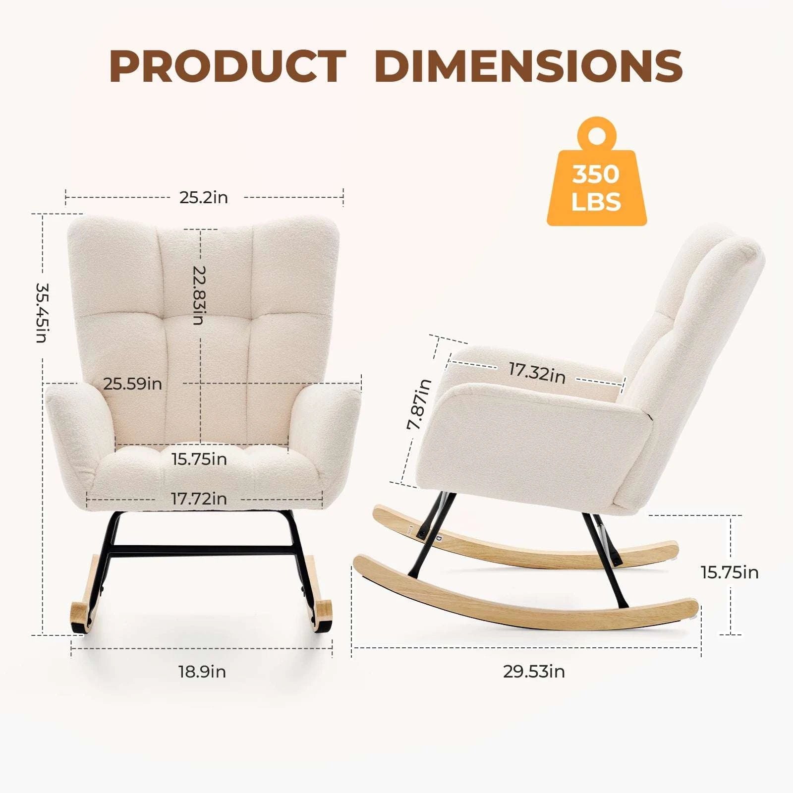 Teddy Upholstered Rocking Chair with High Back, Padded Seat-Rice White / United States
