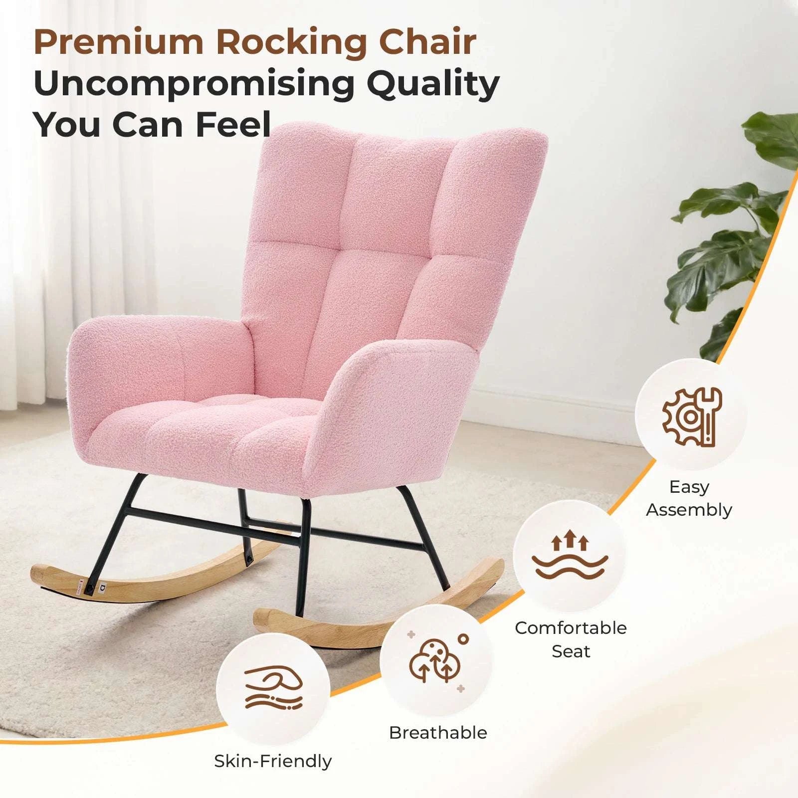Teddy Upholstered Rocking Chair with High Back, Padded Seat-Rice White / United States