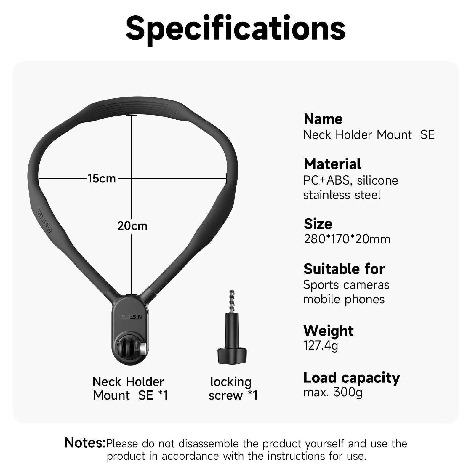 TELESIN Neck Hold Mount for Action Cameras Hands-Free Filming-With phone clip