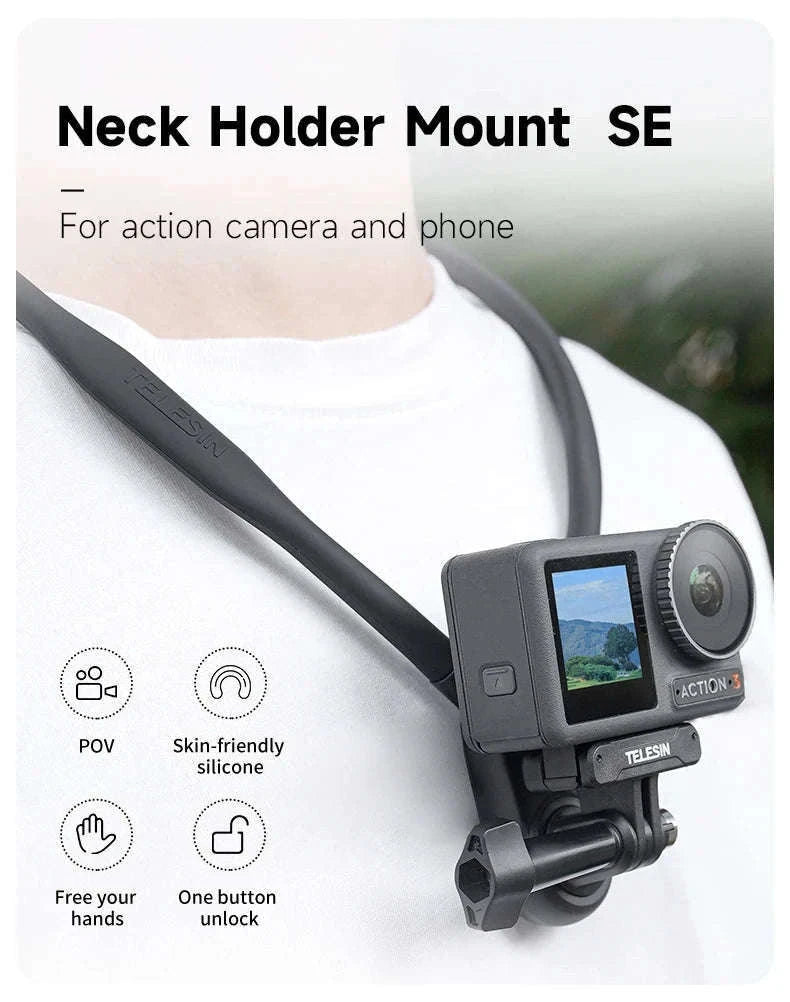 TELESIN Neck Hold Mount for Action Cameras Hands-Free Filming-With phone clip