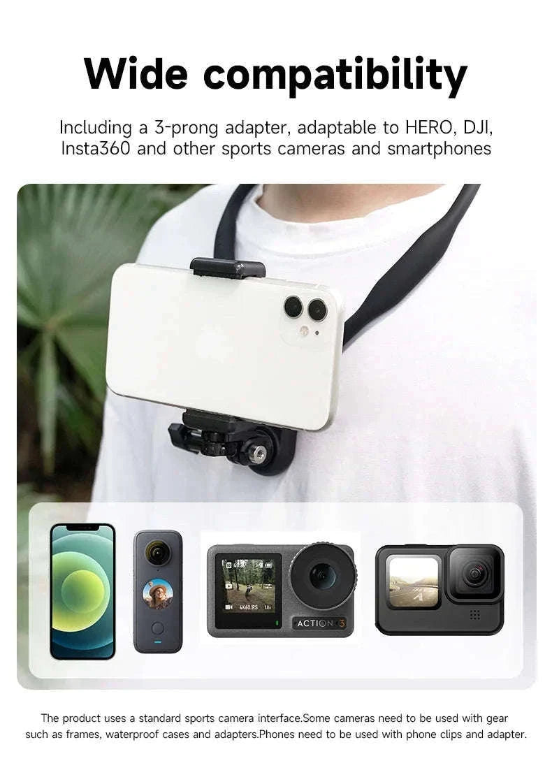 TELESIN Neck Hold Mount for Action Cameras Hands-Free Filming-With phone clip
