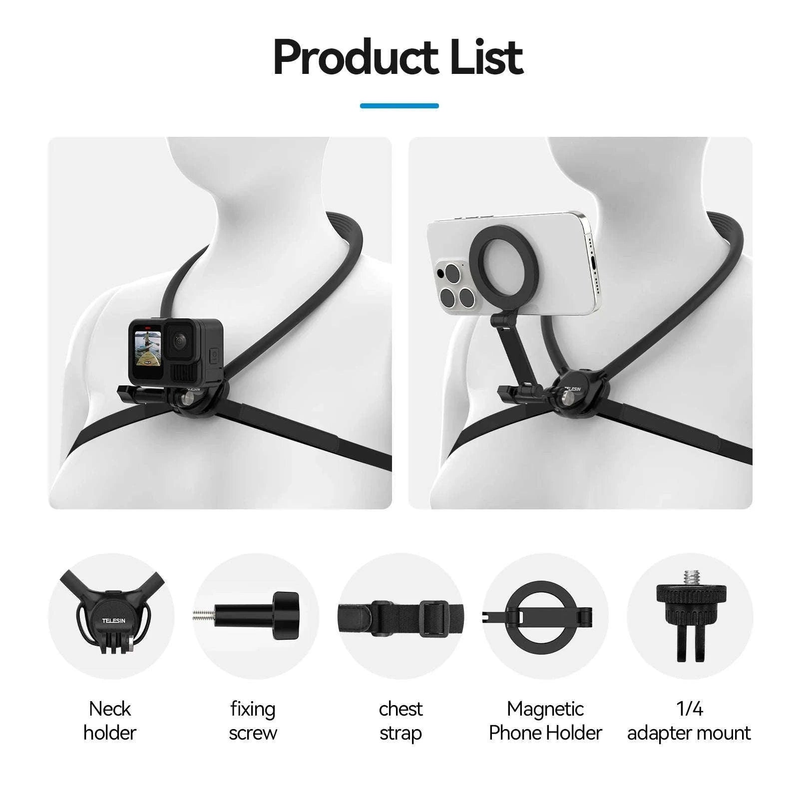 TELESIN Phone Action Camera Neck Hold Mount for Hands-Free POV-2 in 1 Phone camera