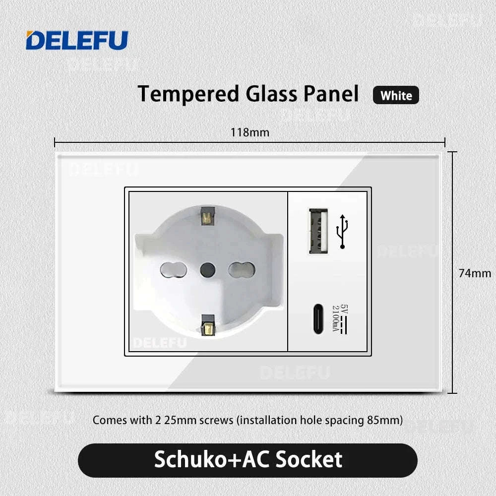 Tempered Glass Tuya WiFi Smart Wall Socket with USB-C Charging-Glass White / 2 Italy AC