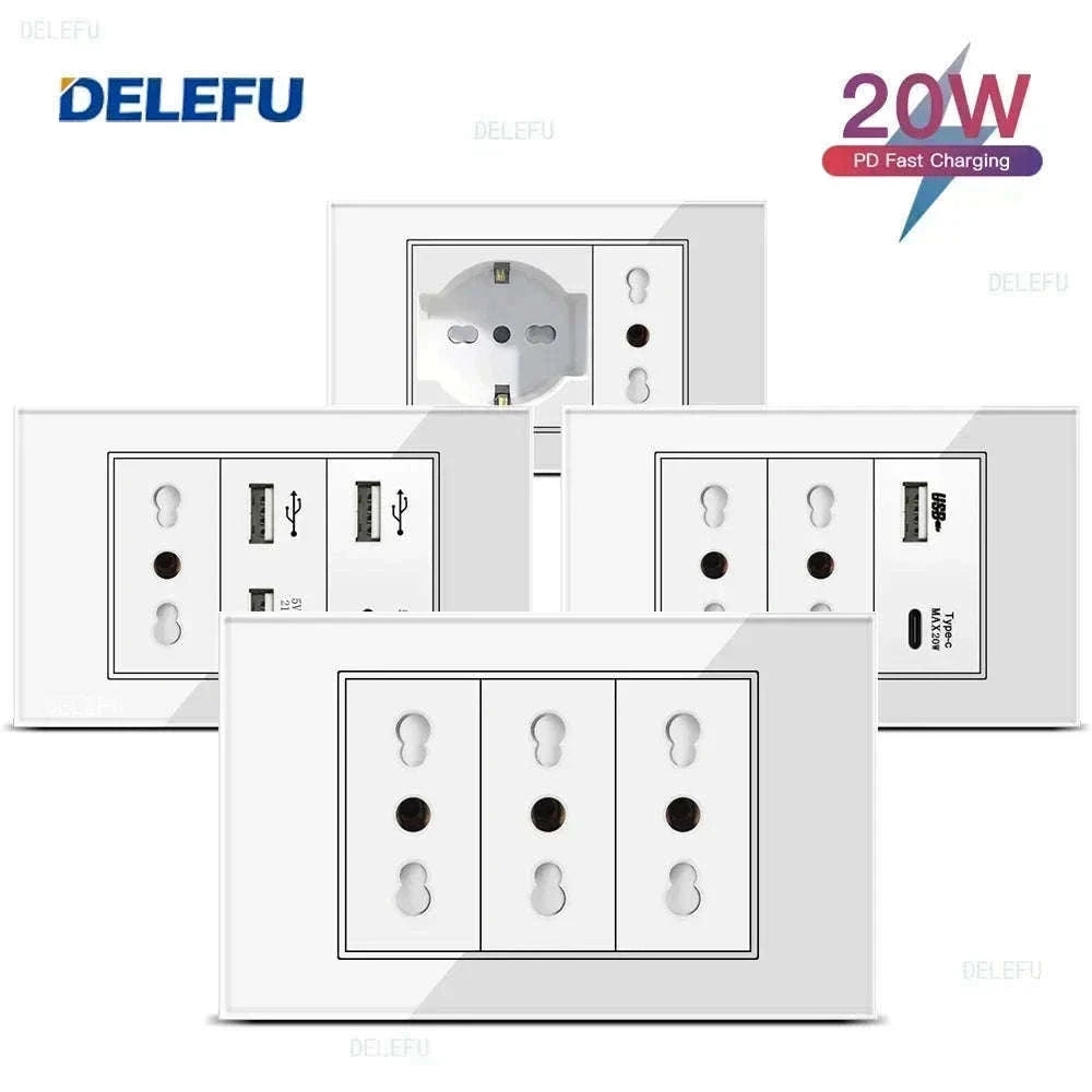 Tempered Glass Tuya WiFi Smart Wall Socket with USB-C Charging-Glass White / 2 Italy AC