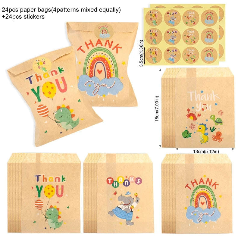 Thank You Kraft Paper Bags with Cute Rainbow and Dino Designs-24Sets Rainbow TY / 13x18cm / Other
