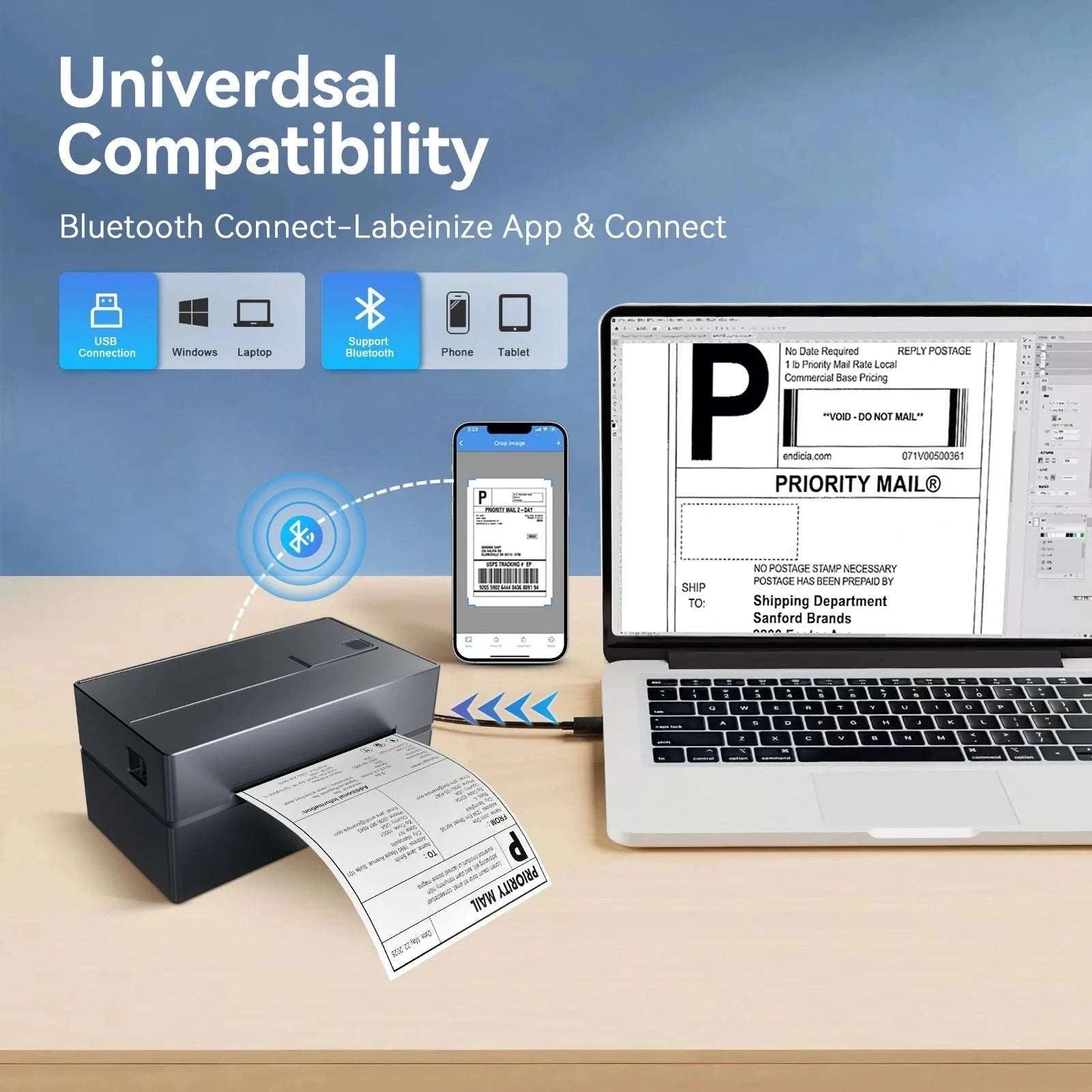 Thermal Label Printer 4x6 Bluetooth USB 203DPI High-Speed-Black color / United States