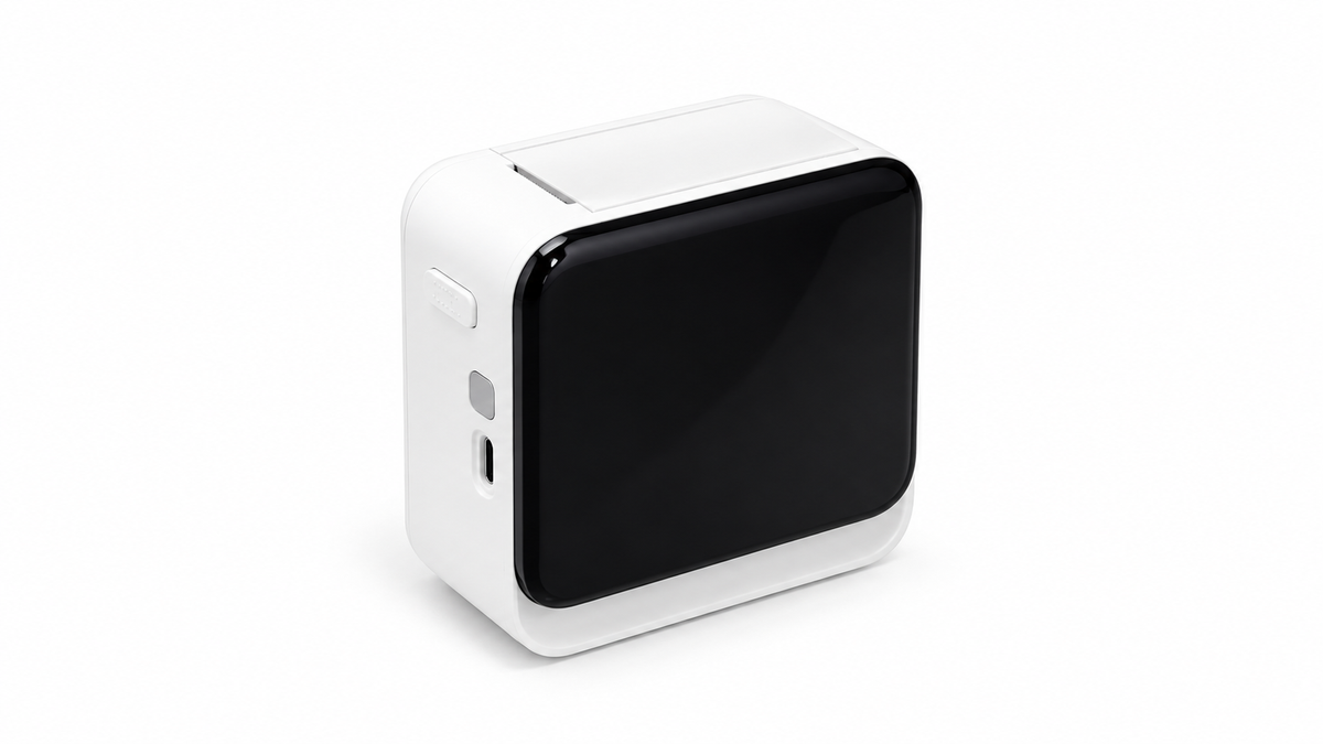 White thermal label printer on white background