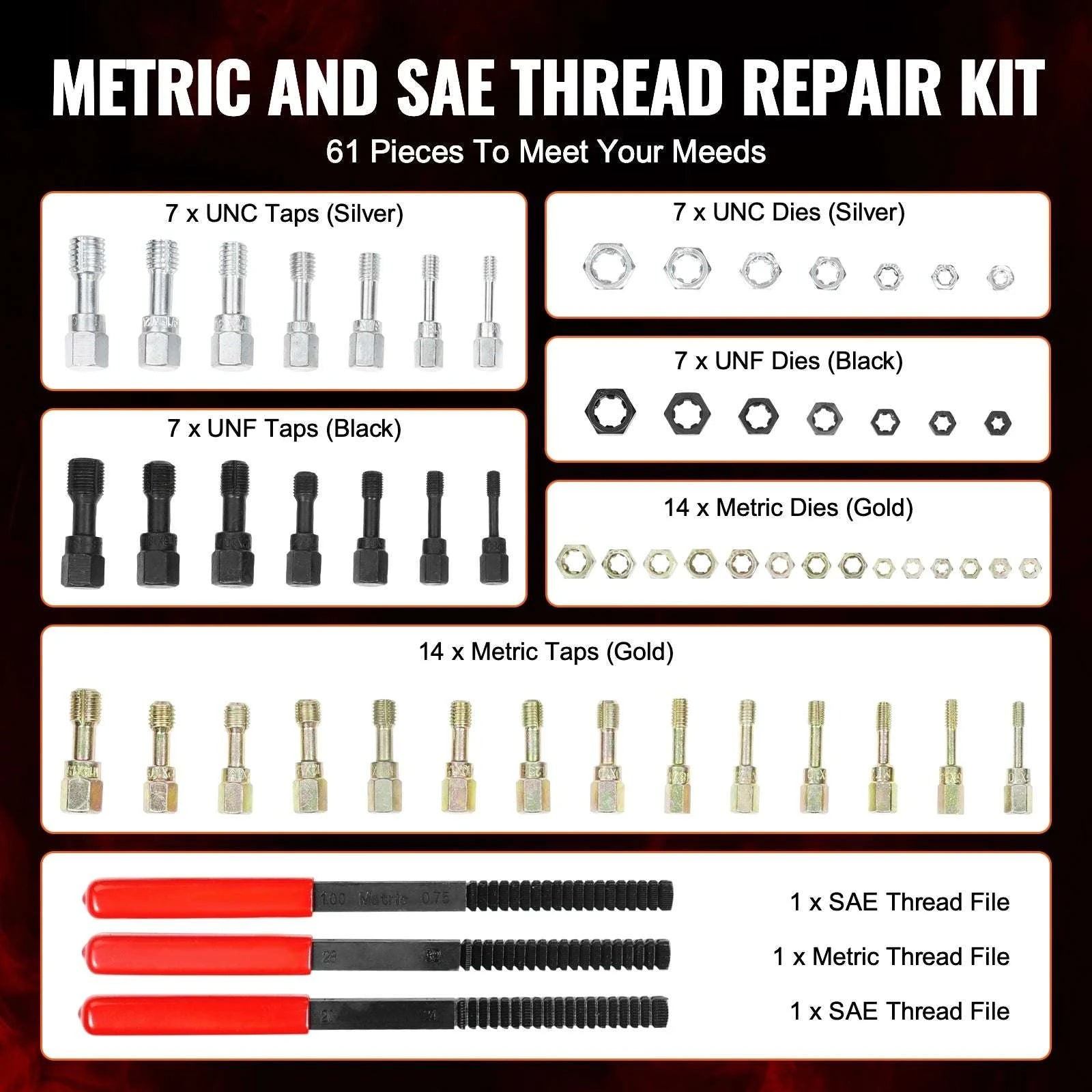 Thread Chaser Set UNC UNF Metric Rethreading Tool Kit with Case-61 pcs / United States