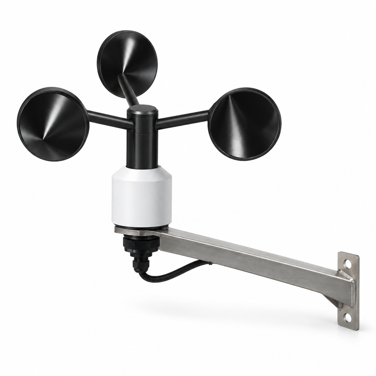 Three-cup weather station anemometer with mounting arm on white background