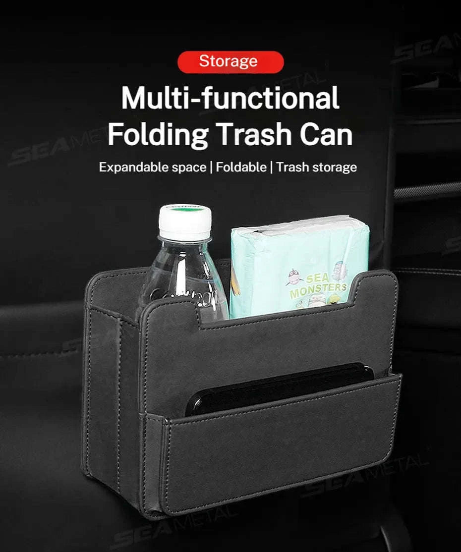 Tiny Car Trash Can with Pocket, Waterproof PU Leather-Brown