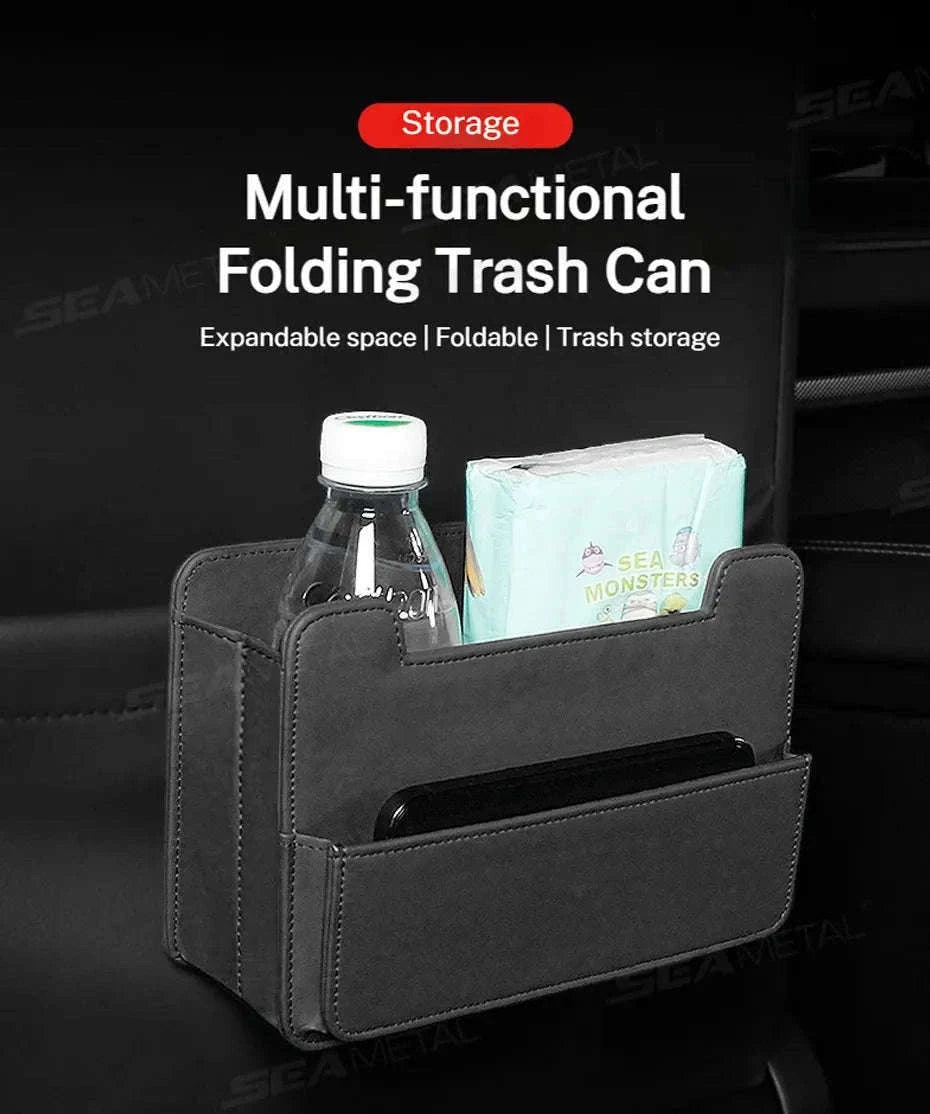 Tiny Car Trash Can with Pocket, Waterproof PU Leather-Brown