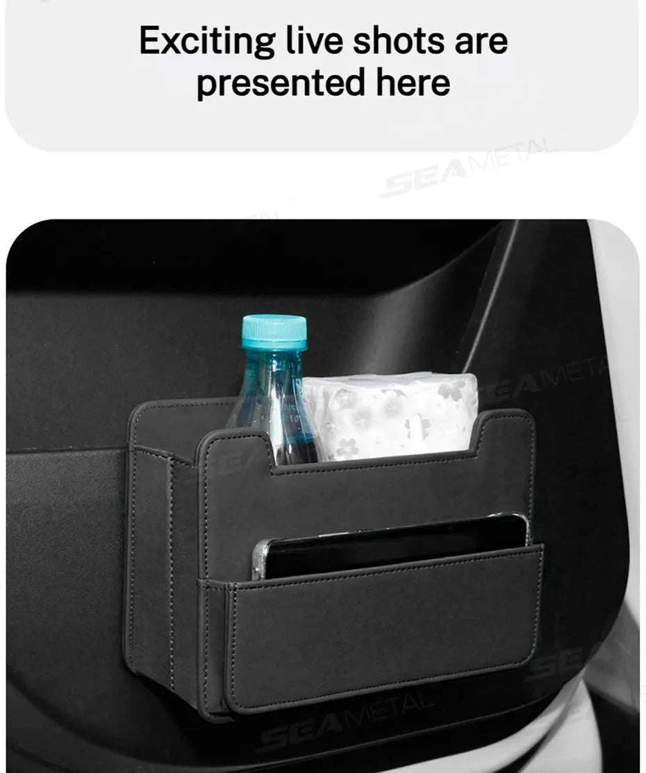 Tiny Car Trash Can with Pocket, Waterproof PU Leather-Brown