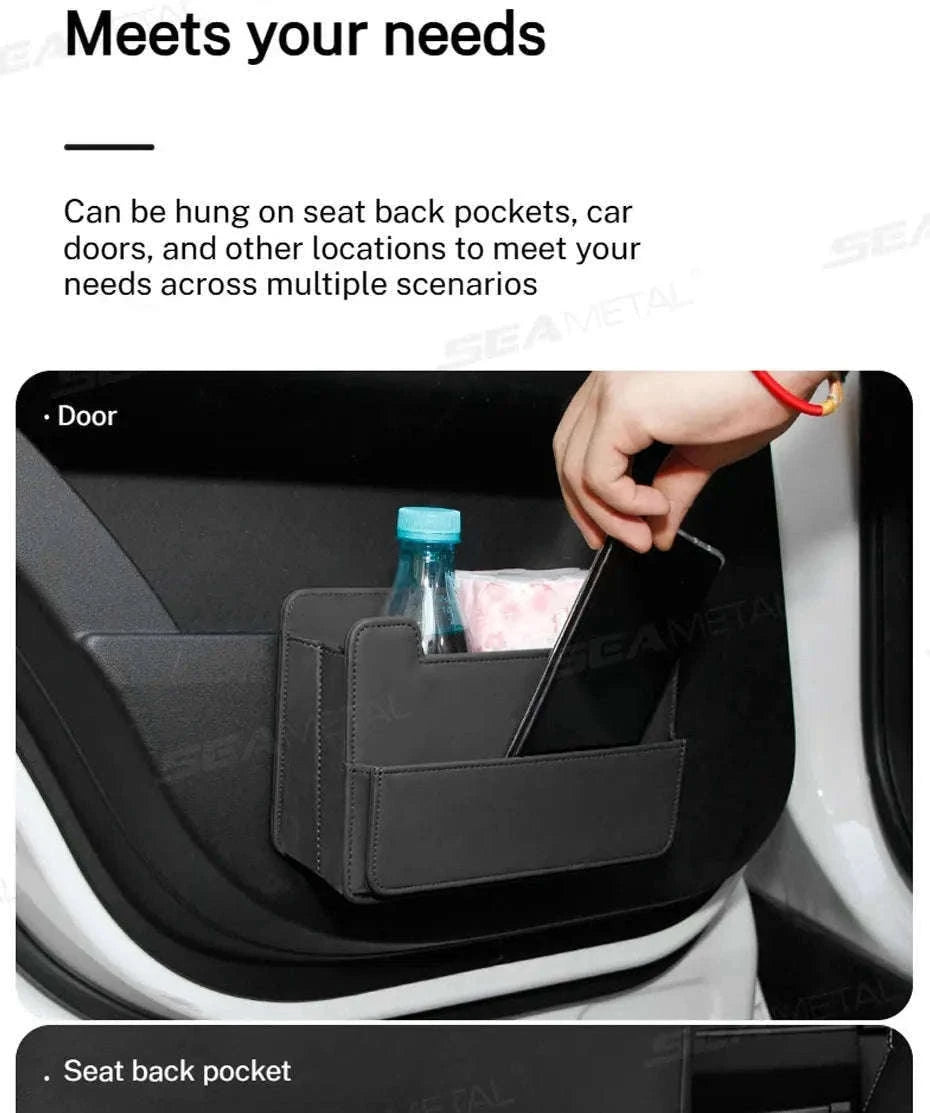 Tiny Car Trash Can with Pocket, Waterproof PU Leather-Brown