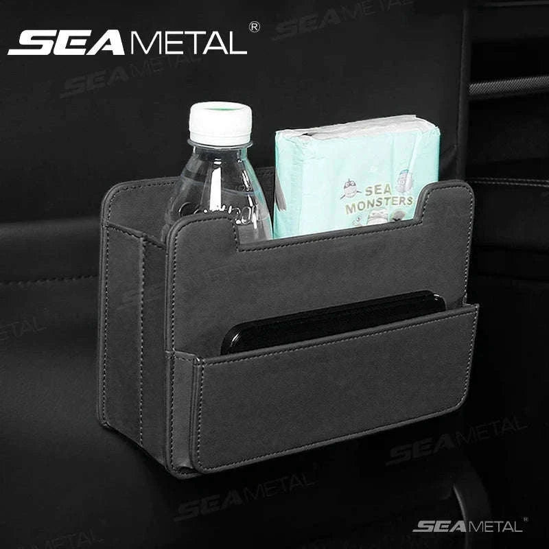 Tiny Car Trash Can with Pocket, Waterproof PU Leather-Brown