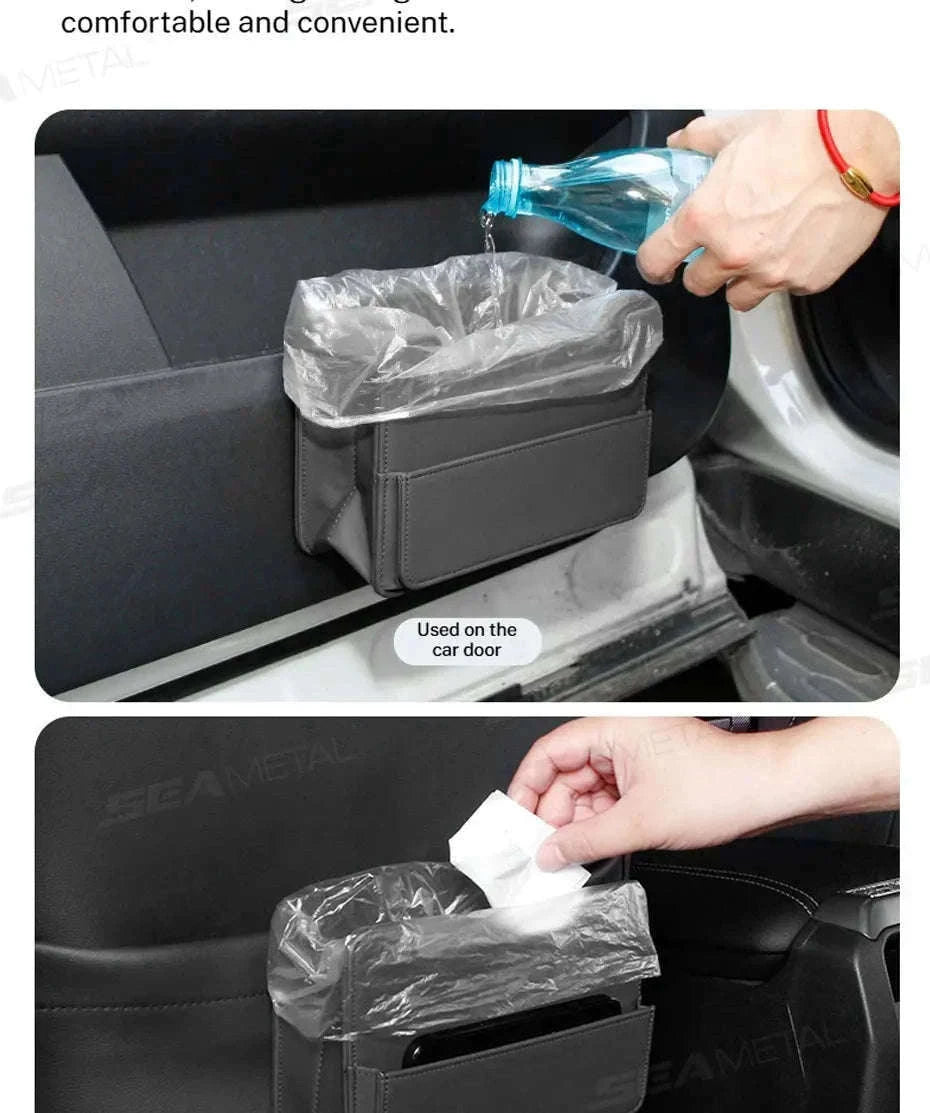 Tiny Car Trash Can with Pocket, Waterproof PU Leather-Brown