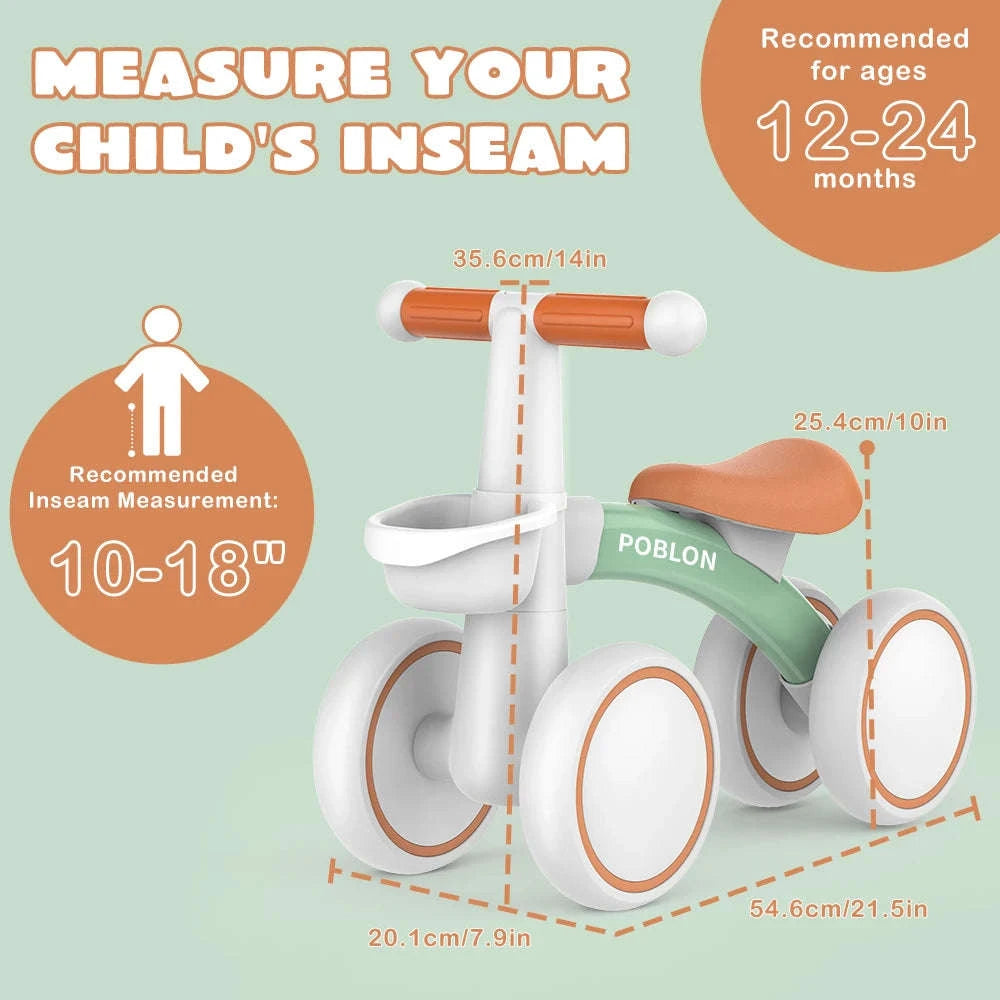 Toddler Balance Bike Walker with 4 Wheels and Adjustable Seat-green / france