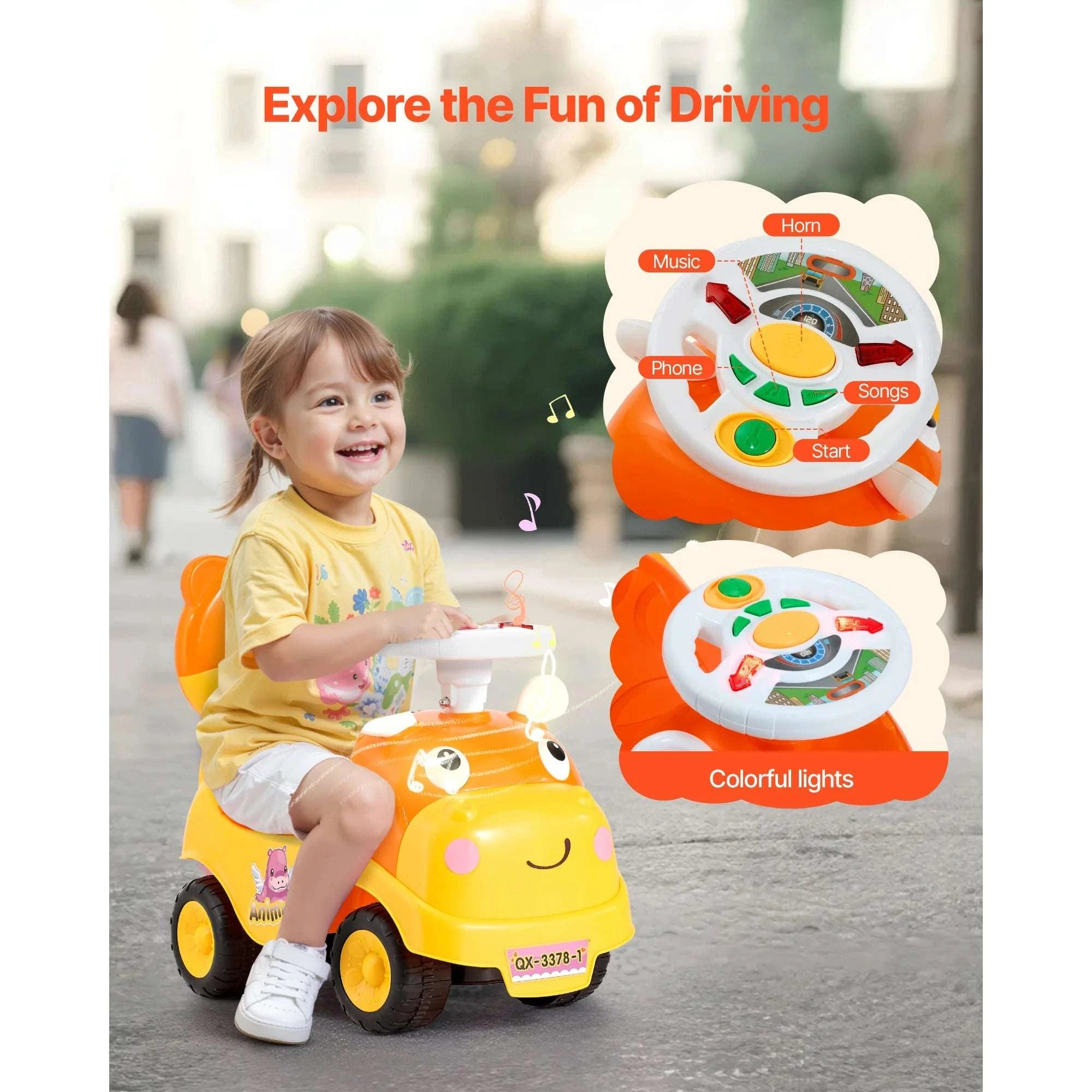 Toddler Ride-On Push Car with Music, Horn & Storage Seat-Orange / United States