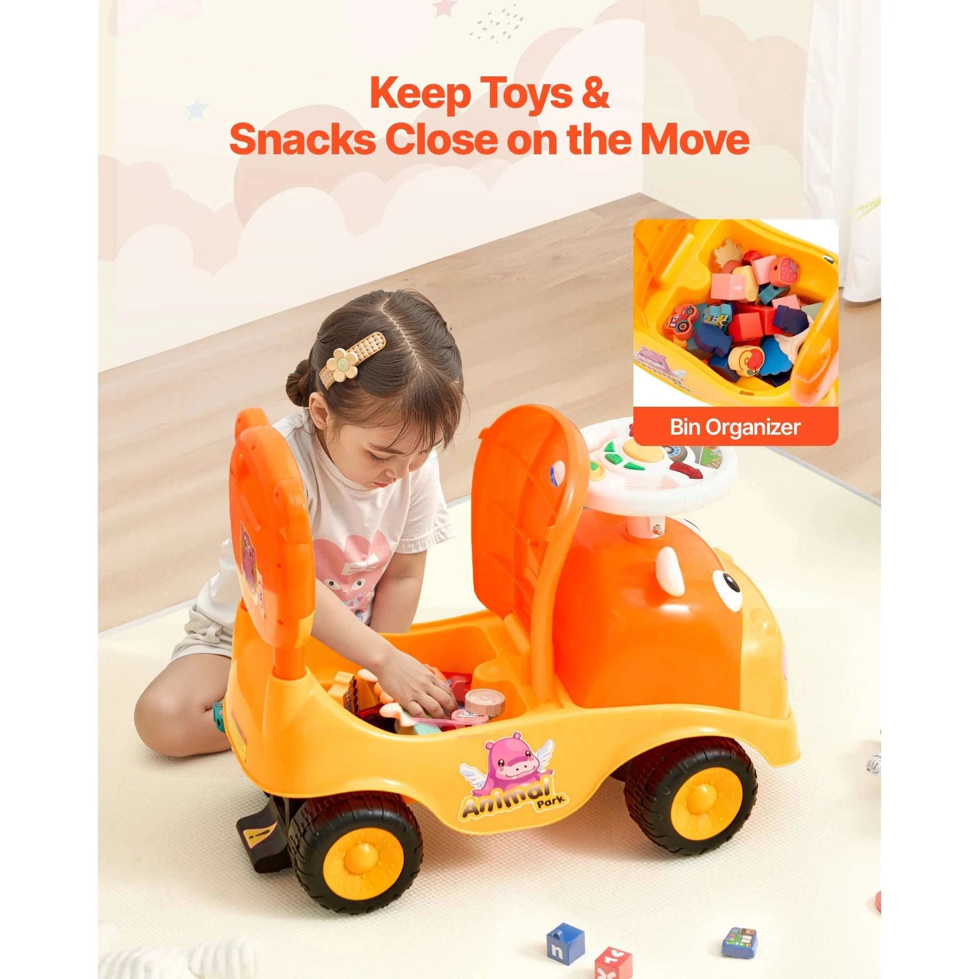 Toddler Ride-On Push Car with Music, Horn & Storage Seat-Orange / United States