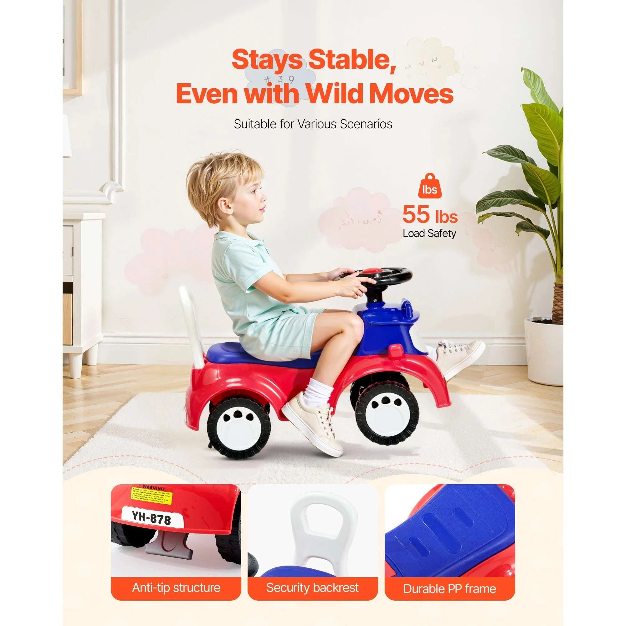 Toddler Ride-On Push Car with Music & Storage, 55 lb Capacity-Red / United States