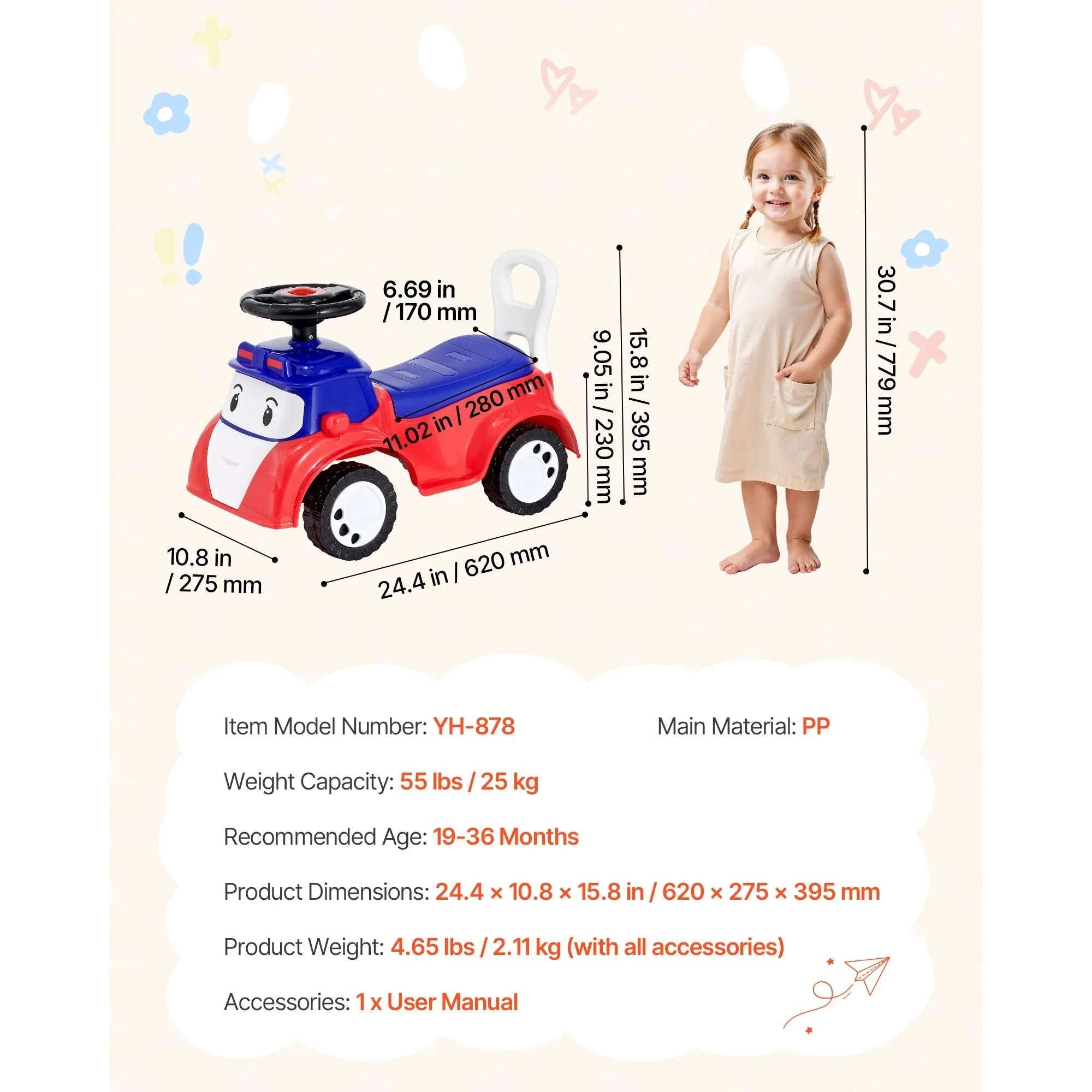 Toddler Ride-On Push Car with Music & Storage, 55 lb Capacity-Red / United States