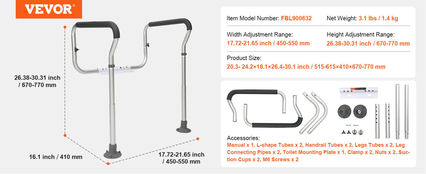 Toilet Safety Rail Adjustable Width and Height Supports 300 lbs-300pound / United States