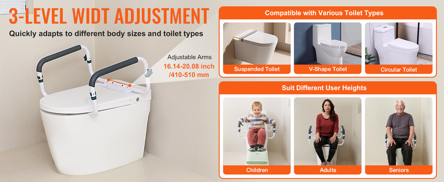 Verstellbare Toiletten-Sicherheitsstütze, 300 lb Tragkraft, Stahl-Griffstangen