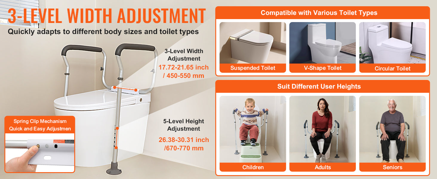 Toilet Safety Rail Adjustable Width and Height Supports 300 lbs