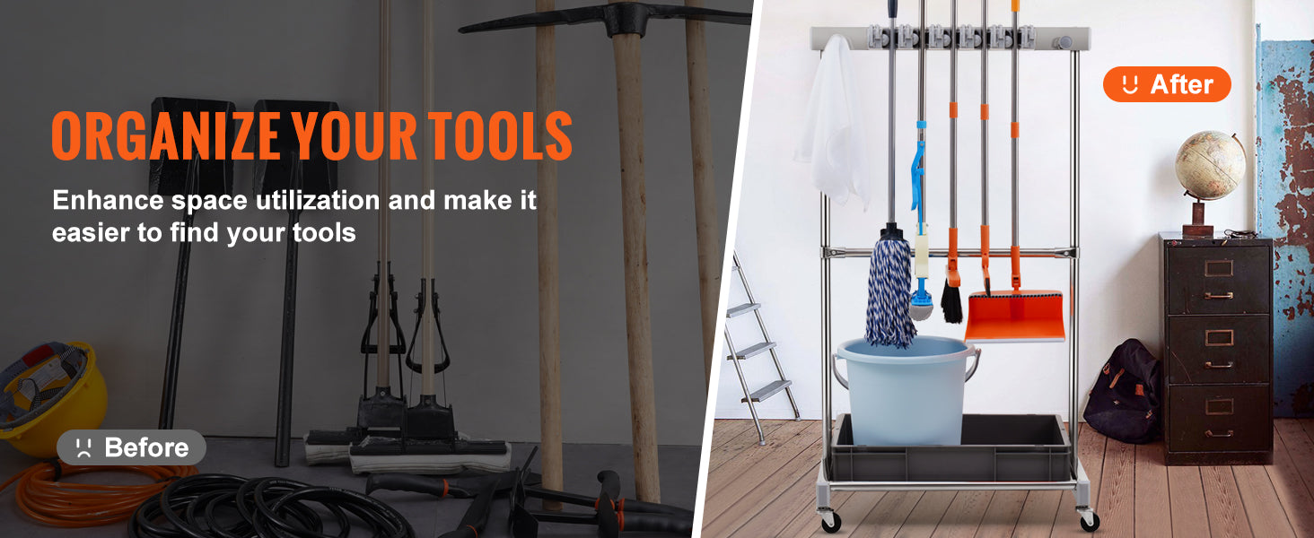 Garden Tool Organizer Rack with 10 Slots, Hooks & Rolling Wheels