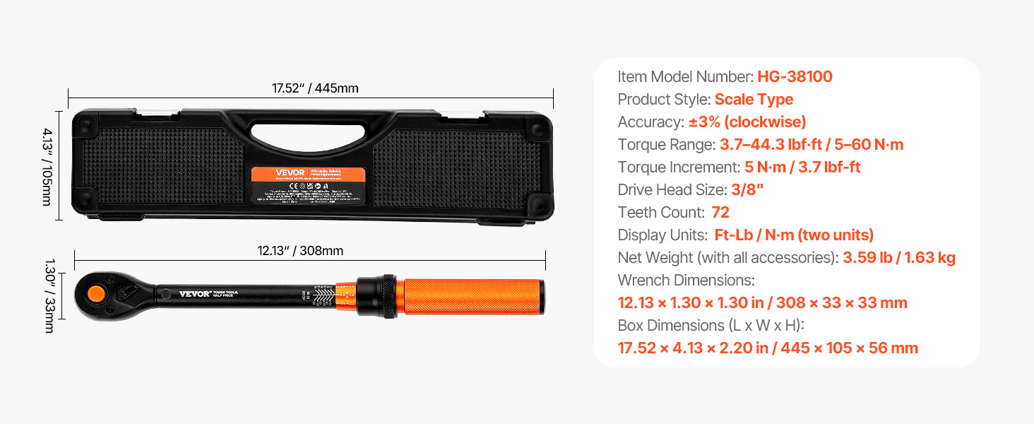 Mechanical Torque Wrench Set 1/4 3/8 1/2 Drive ±3% Precision