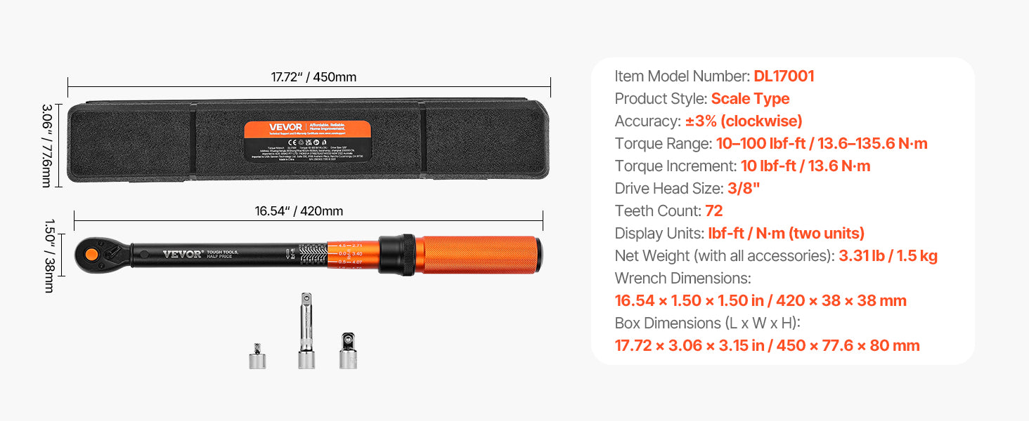 Adjustable Click Torque Wrench Set with Dual Scale Precision