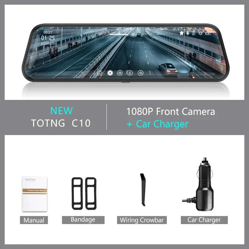 TOTNG C10 10" Touch Screen Dual Lens Dash Cam-With 10M RCC-BL / None