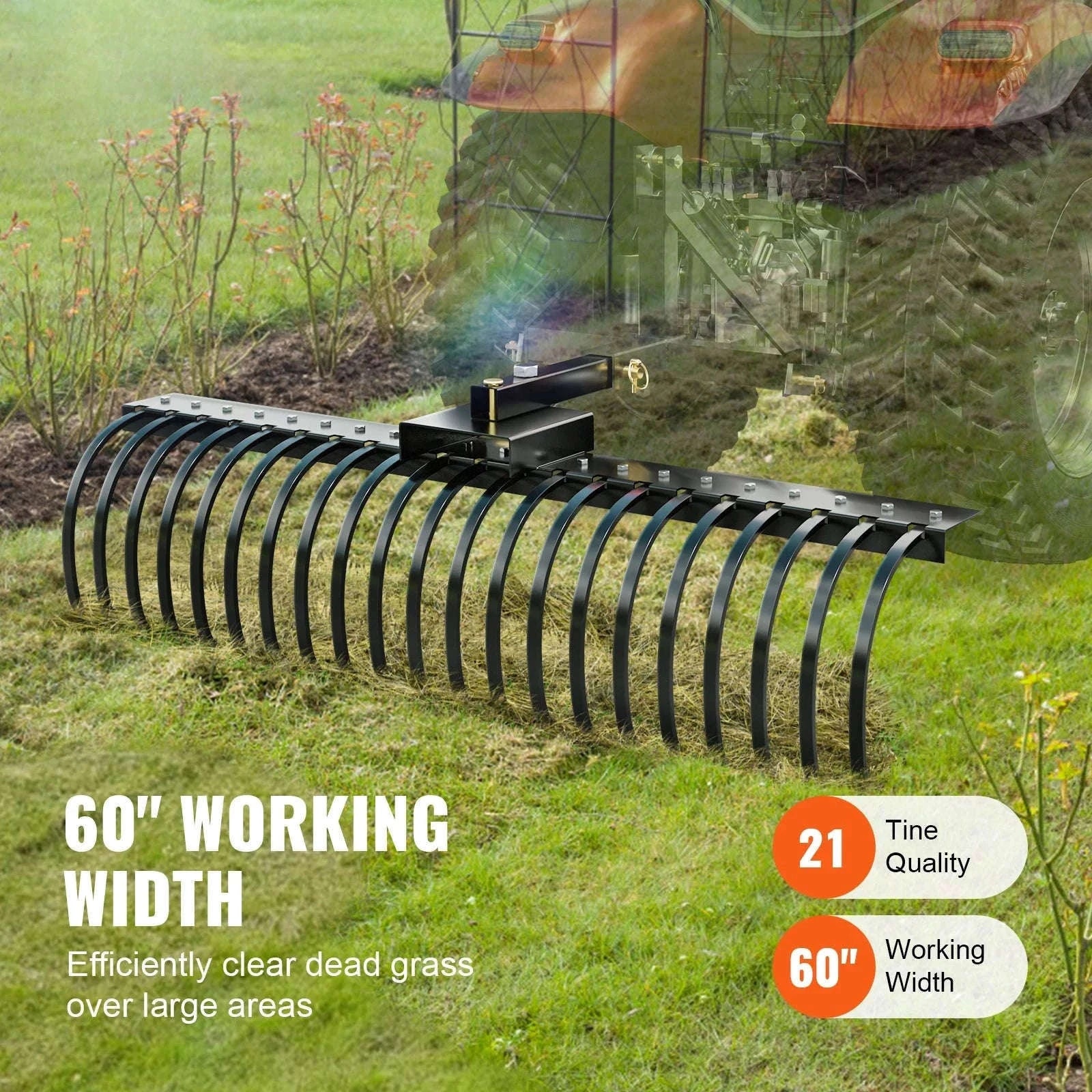 Tow Behind Landscape Rake 60 Inch with 21 Steel Coil Tines-CZECH REPUBLIC