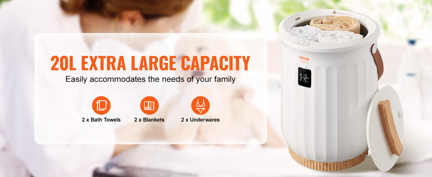 Calentador de Toallas Grande de 20L con Temporizador, Pantalla LED y Bloqueo para Niños