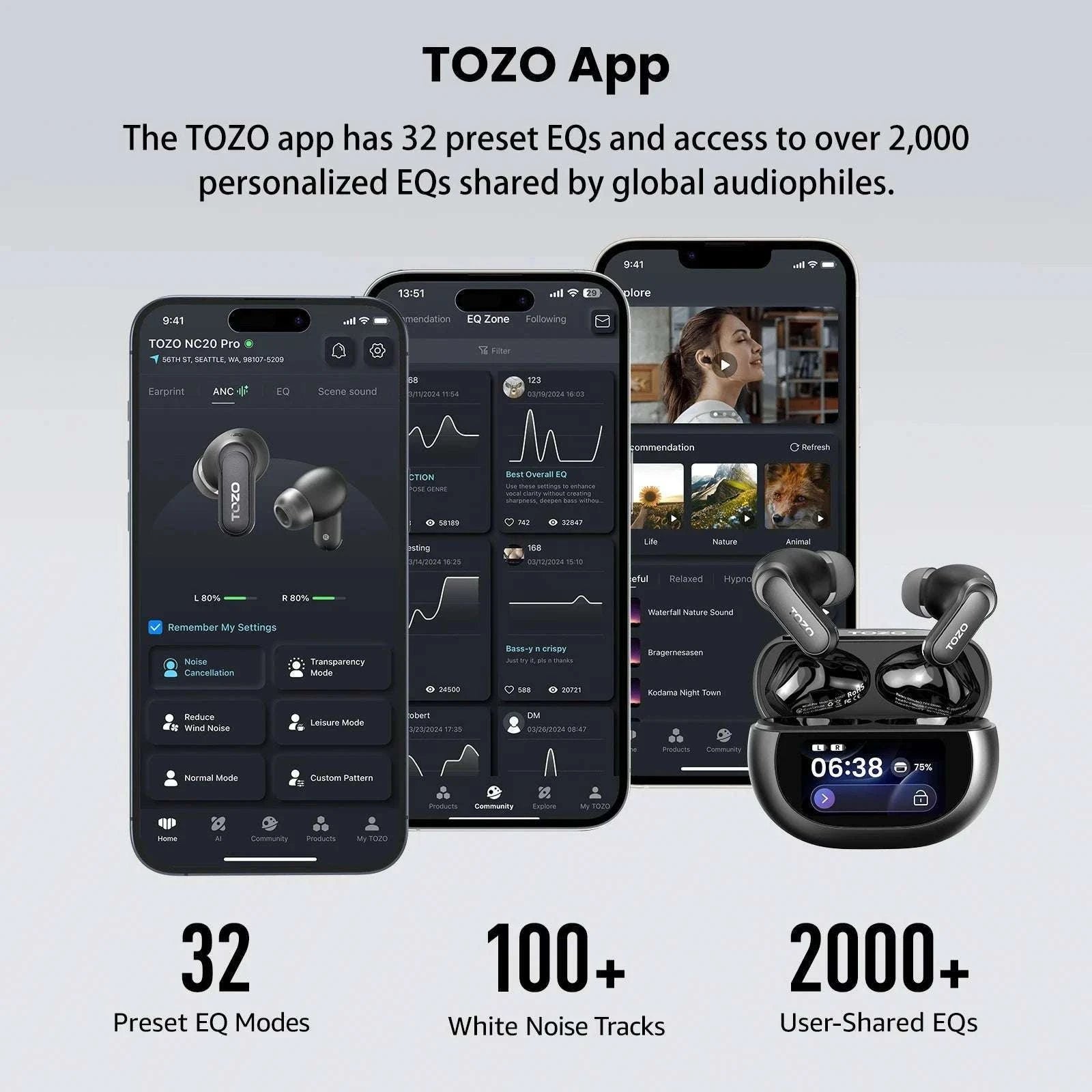 TOZO NC20 Pro Wireless Earbuds with Smart Touch Screen Control-Pink Rose