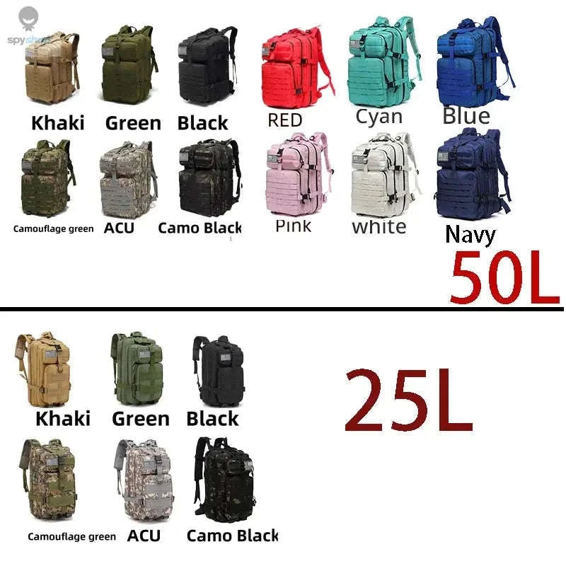 TrailForce Tactical Backpack – Waterproof, MOLLE‑Ready, 25L/50L Outdoor Pack-50L (Green)
