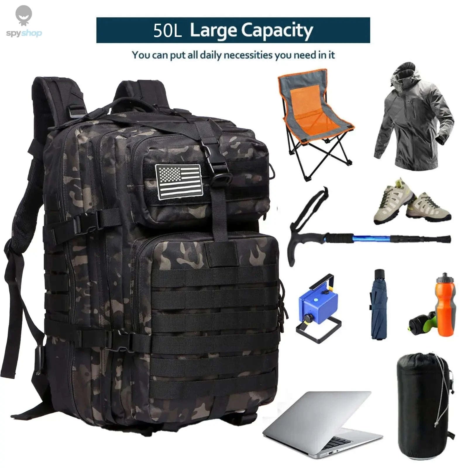 TrailForce Tactical Backpack – Waterproof, MOLLE‑Ready, 25L/50L Outdoor Pack-50L (Green)