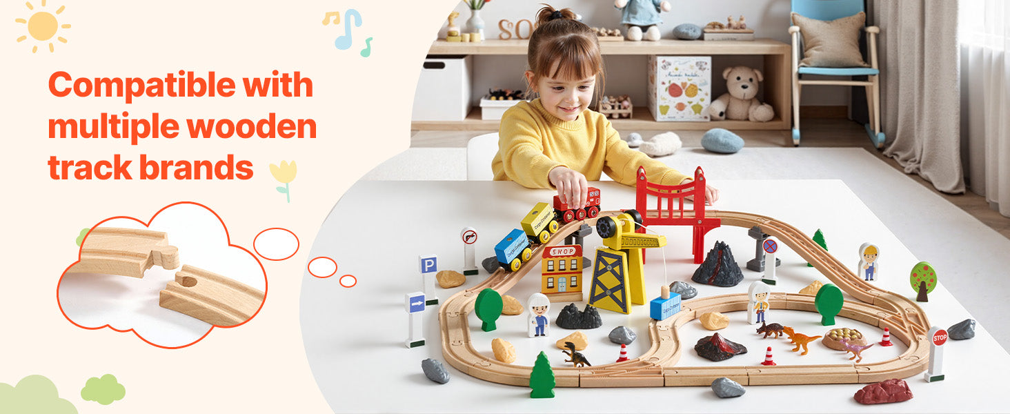 SucceBuy 70PCS Wooden Train Set Magnetic Crane for Ages 3-8 Construction Crane Railway Set Major Brands for Toddlers Boys Girls