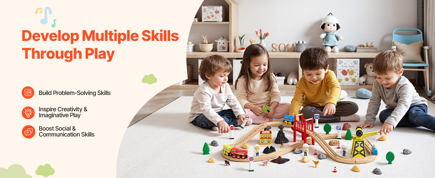 SucceBuy 70PCS Wooden Train Set Magnetic Crane for Ages 3-8 Construction Crane Railway Set Major Brands for Toddlers Boys Girls