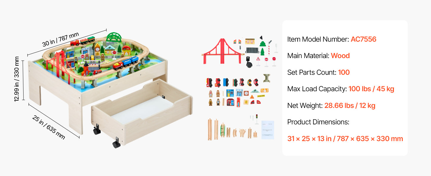 SucceBuy 3-in-1 Wooden Train Table Toys 100PCS Multicolor Kids Activity Table with Rolling Drawer for Children Drawing Toy