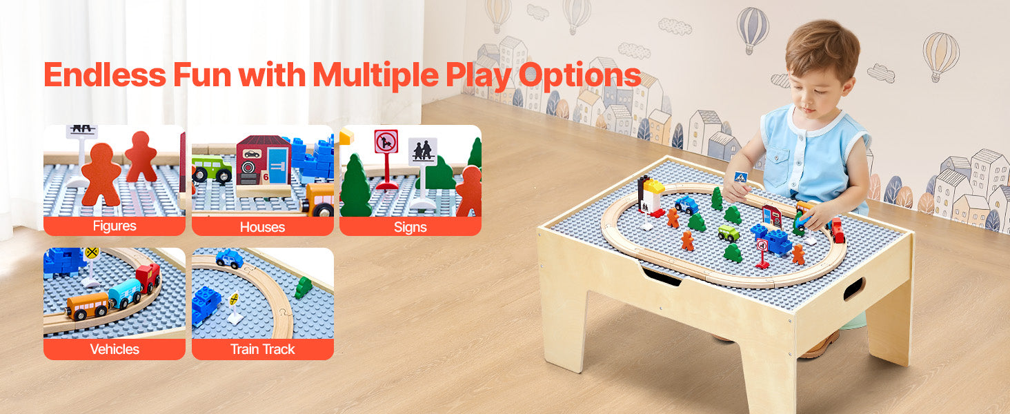 SucceBuy 3-in-1 Wooden Train Table Toys 100PCS Multicolor Kids Activity Table with Rolling Drawer for Children Drawing Toy