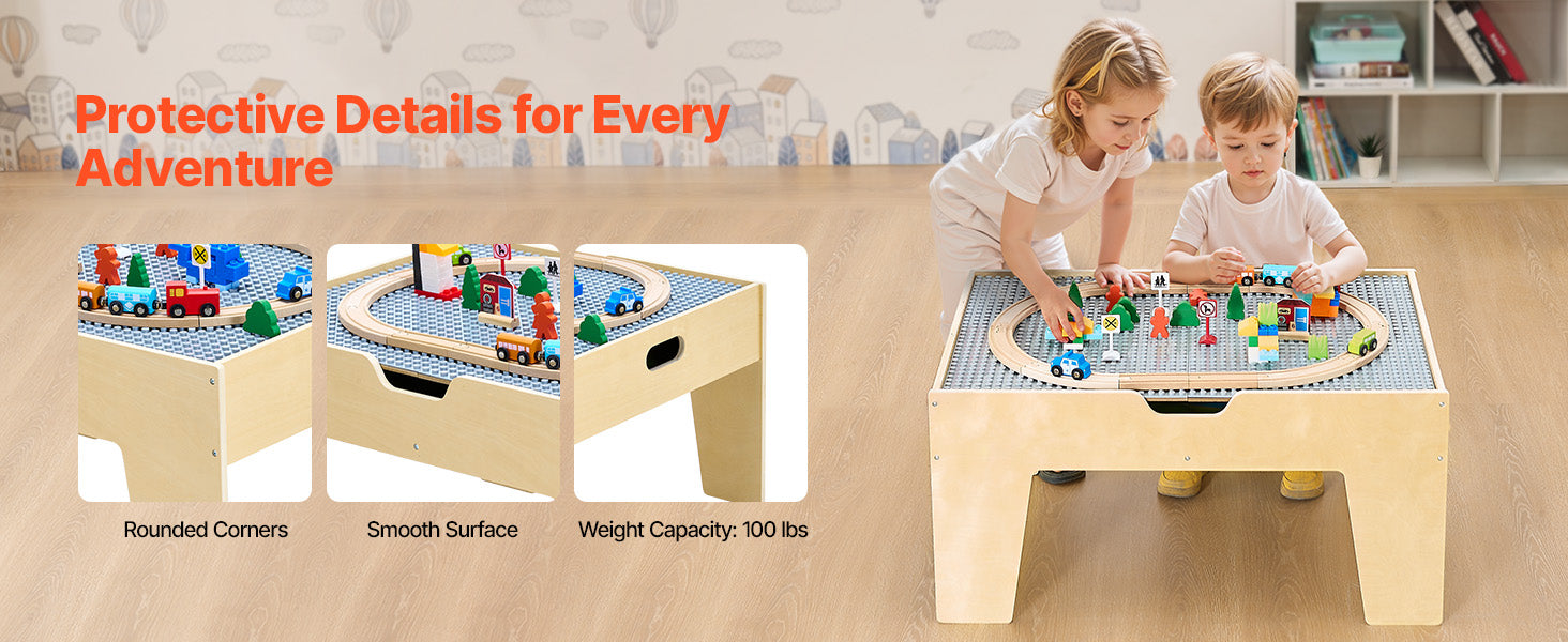 SucceBuy 3-in-1 Wooden Train Table Toys 100PCS Multicolor Kids Activity Table with Rolling Drawer for Children Drawing Toy