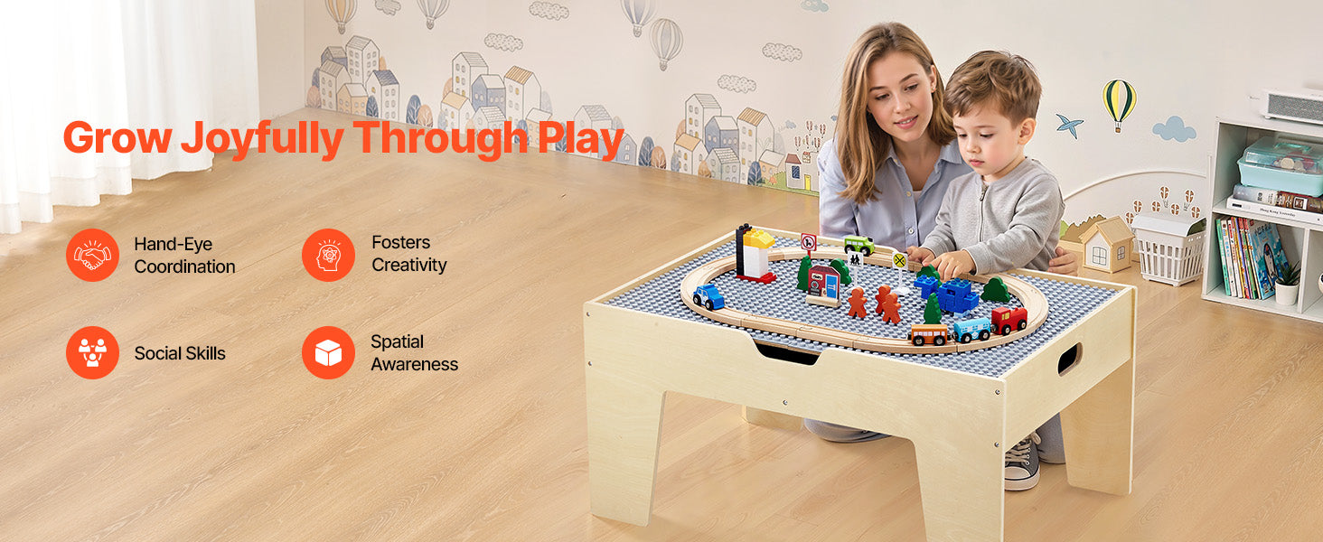 SucceBuy 3-in-1 Wooden Train Table Toys 100PCS Multicolor Kids Activity Table with Rolling Drawer for Children Drawing Toy