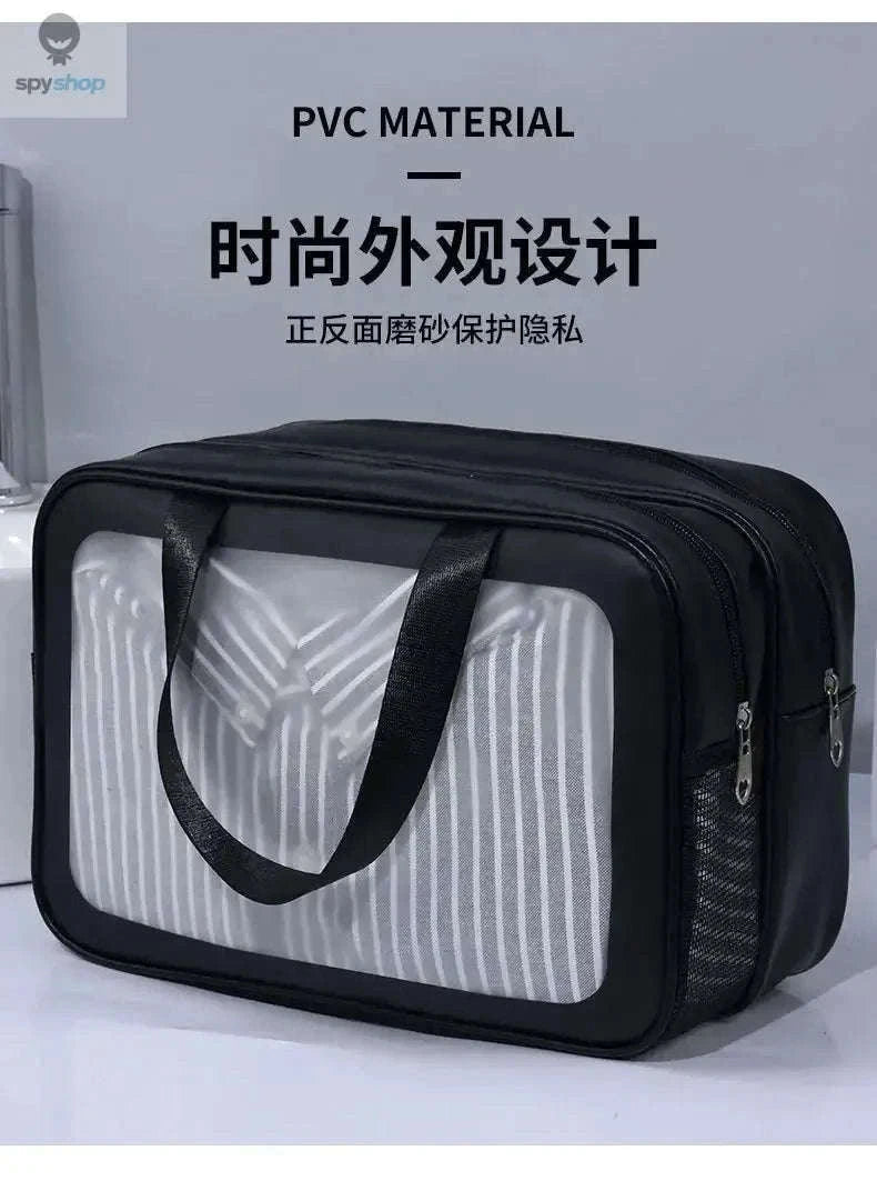 Transparent Dry-Wet PU Makeup Bag with Dual Compartments-Medium pink