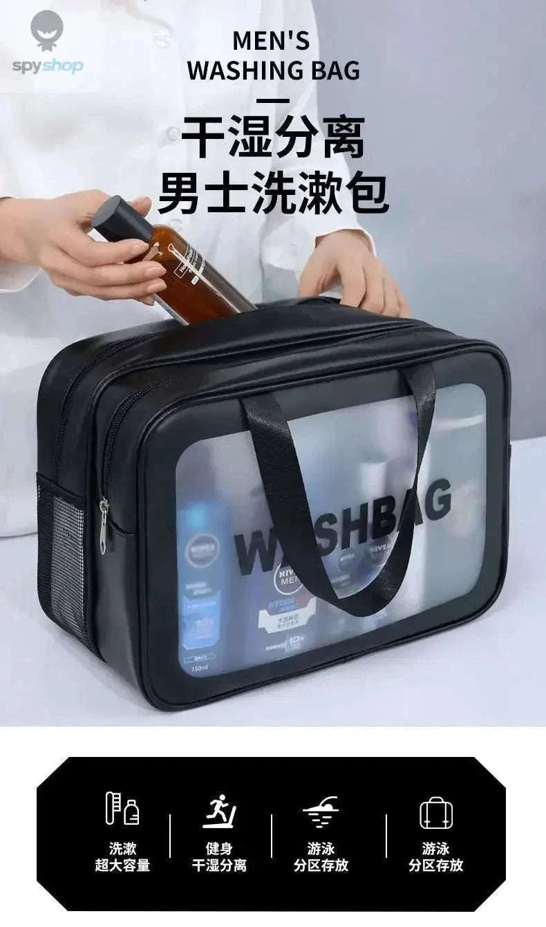 Transparent Dry-Wet PU Makeup Bag with Dual Compartments-Medium pink