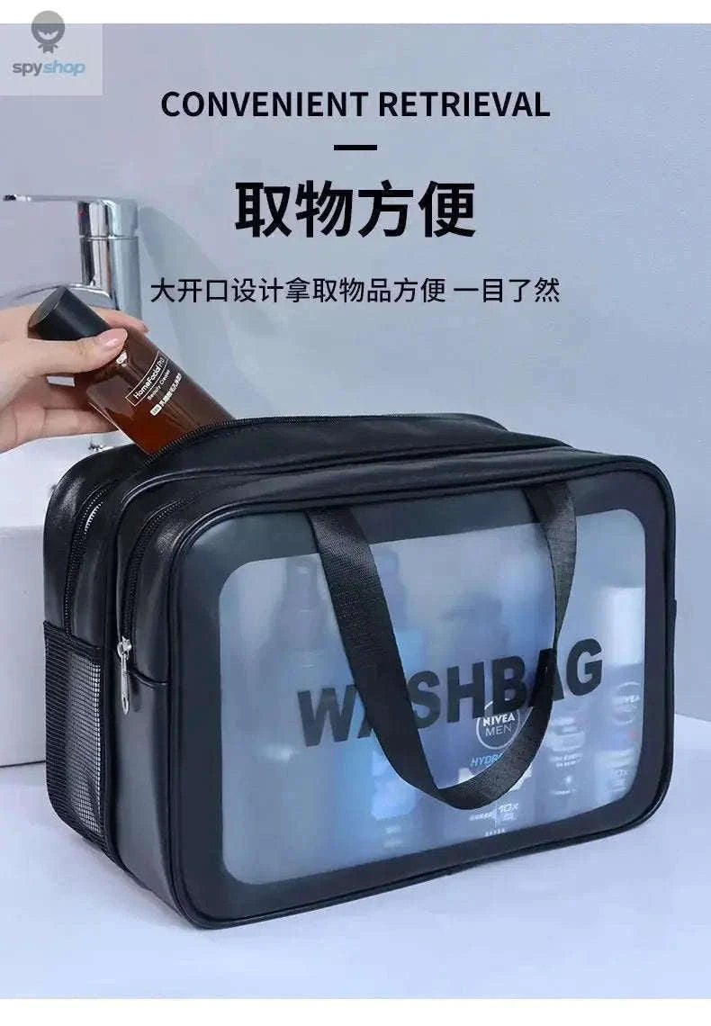 Transparent Dry-Wet PU Makeup Bag with Dual Compartments-Medium pink